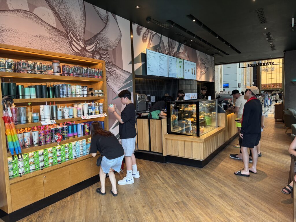 Order counter and merchandise at Starbucks Beachfront